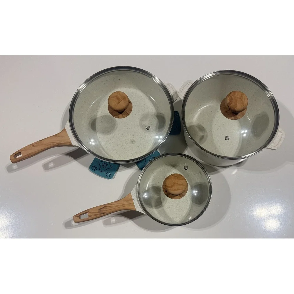 THE PIONEER WOMAN Cookware Set - Cream Speckle Wood Handles 6pc Set - NEW